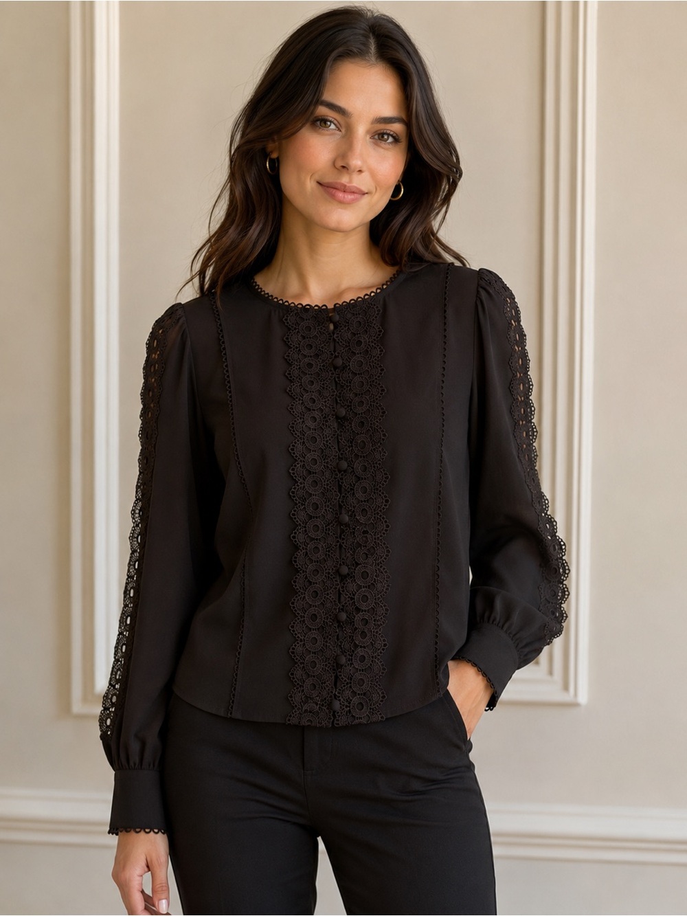 torrid Black Lace-Trim Long Sleeve Button-Front Blouse Women’s Size 2X